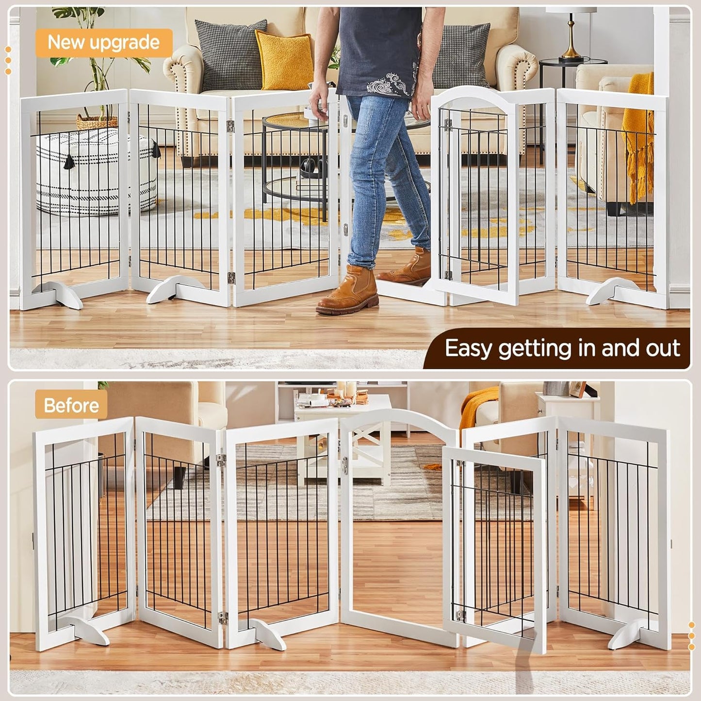 32-inch Tall Dog Gate Extra Wide Pet Gate for Dogs Indoor Foldable Wire & Wooden Puppy Safety Fence w/2 Support Feet,Freestanding Dog Gate for The House, Doorway, Stairs(White,4 Panels)