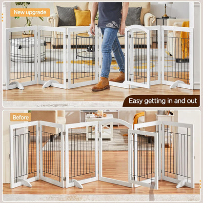 32-inch Tall Dog Gate Extra Wide Pet Gate for Dogs Indoor Foldable Wire & Wooden Puppy Safety Fence w/2 Support Feet,Freestanding Dog Gate for The House, Doorway, Stairs(White,4 Panels)