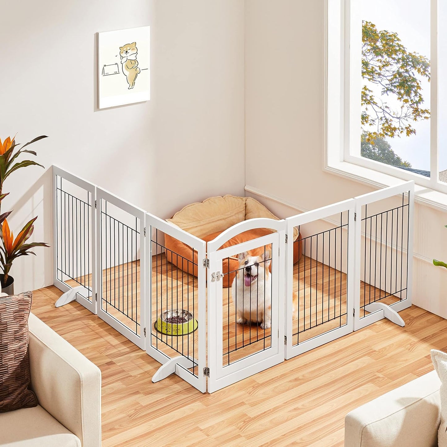 32-inch Tall Dog Gate Extra Wide Pet Gate for Dogs Indoor Foldable Wire & Wooden Puppy Safety Fence w/2 Support Feet,Freestanding Dog Gate for The House, Doorway, Stairs(White,4 Panels)