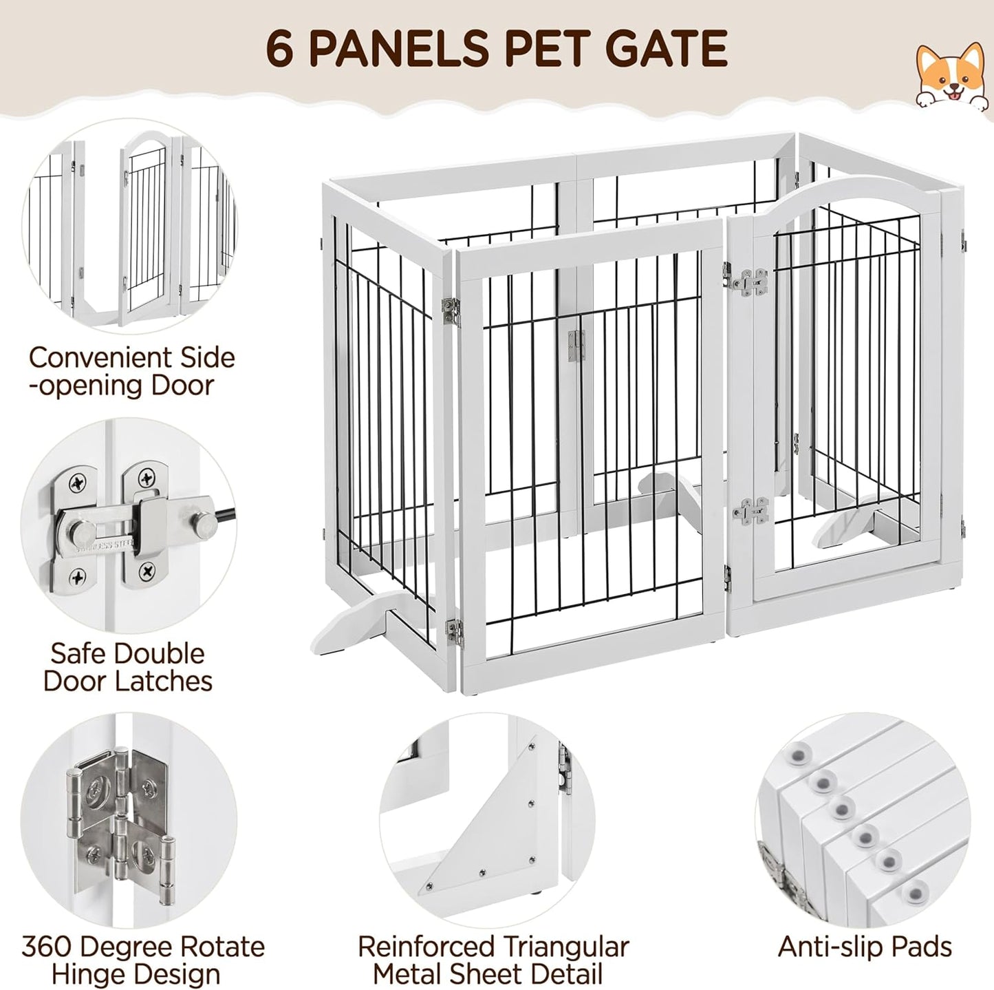 32-inch Tall Dog Gate Extra Wide Pet Gate for Dogs Indoor Foldable Wire & Wooden Puppy Safety Fence w/2 Support Feet,Freestanding Dog Gate for The House, Doorway, Stairs(White,4 Panels)