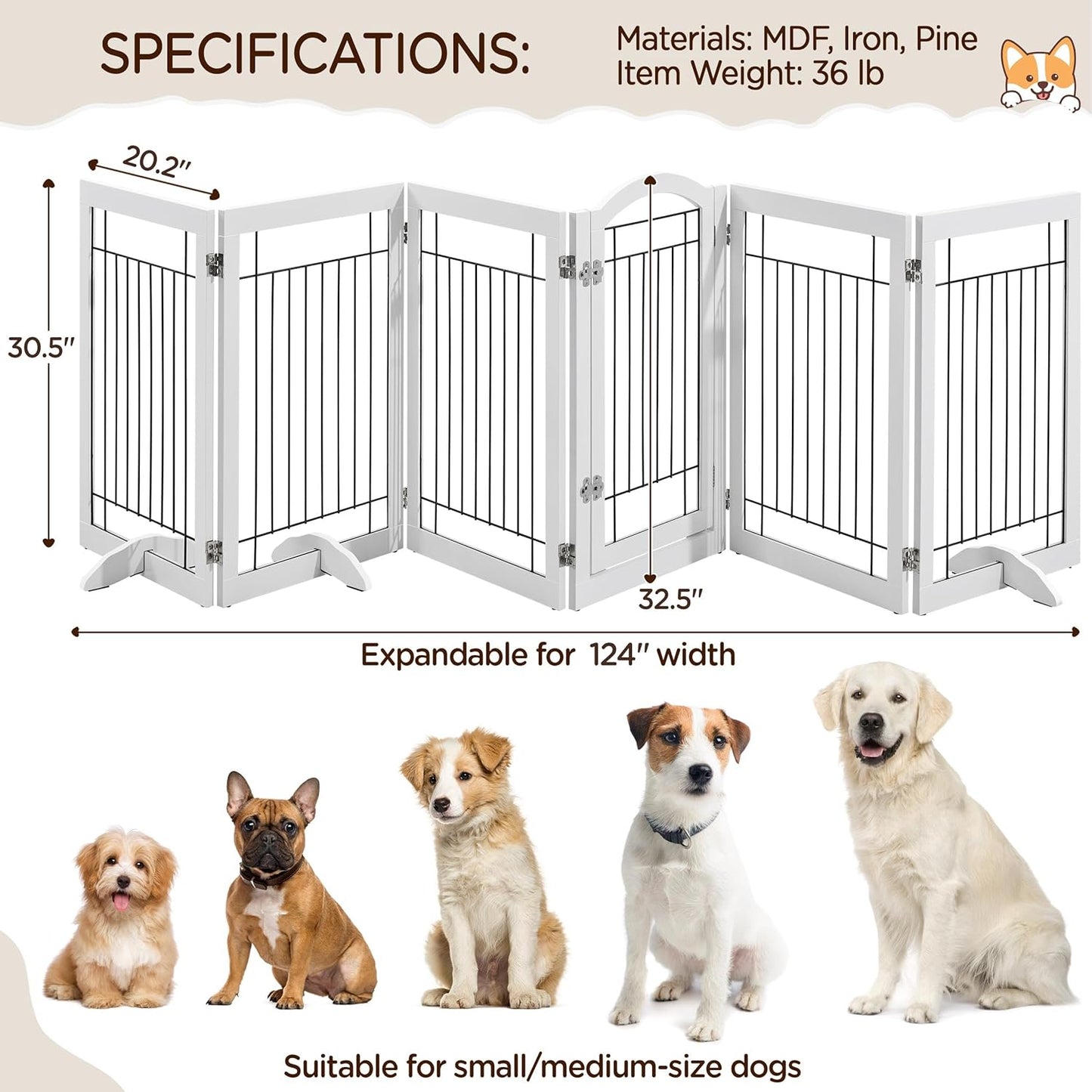 32-inch Tall Dog Gate Extra Wide Pet Gate for Dogs Indoor Foldable Wire & Wooden Puppy Safety Fence w/2 Support Feet,Freestanding Dog Gate for The House, Doorway, Stairs(White,4 Panels)