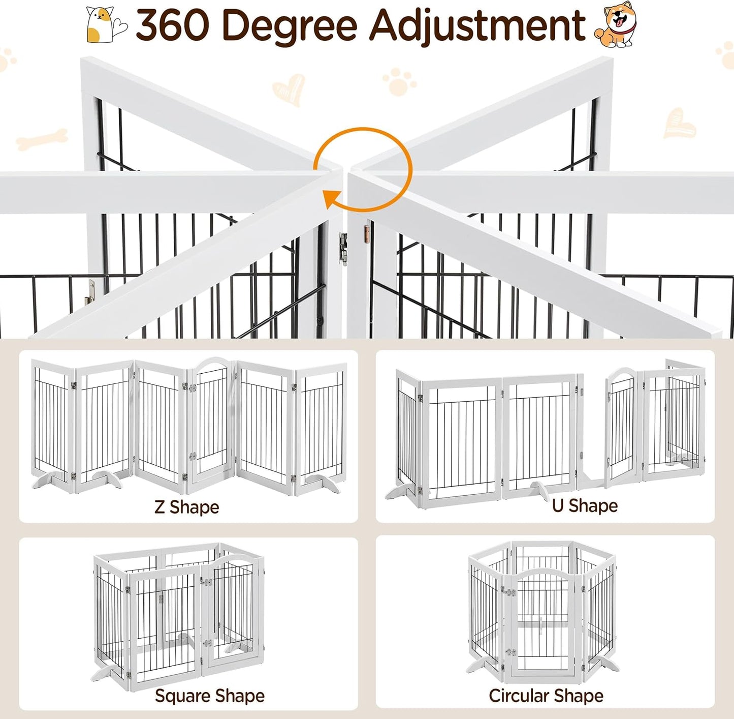 32-inch Tall Dog Gate Extra Wide Pet Gate for Dogs Indoor Foldable Wire & Wooden Puppy Safety Fence w/2 Support Feet,Freestanding Dog Gate for The House, Doorway, Stairs(White,4 Panels)