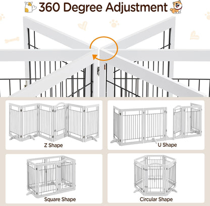 32-inch Tall Dog Gate Extra Wide Pet Gate for Dogs Indoor Foldable Wire & Wooden Puppy Safety Fence w/2 Support Feet,Freestanding Dog Gate for The House, Doorway, Stairs(White,4 Panels)