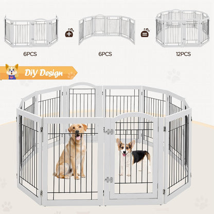 32-inch Tall Dog Gate Extra Wide Pet Gate for Dogs Indoor Foldable Wire & Wooden Puppy Safety Fence w/2 Support Feet,Freestanding Dog Gate for The House, Doorway, Stairs(White,4 Panels)