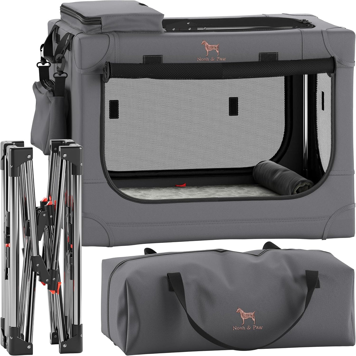 Collapsible Dog Crate 42 Inch, XXL Dog Crate for XXL, XL, Large Breeds, Travel Kennel for Car, Includes Pet Mat for Pet Cage, 2 Storage Pockets, Handbag, 10mm Locking Zippers 42 * 31 * 31