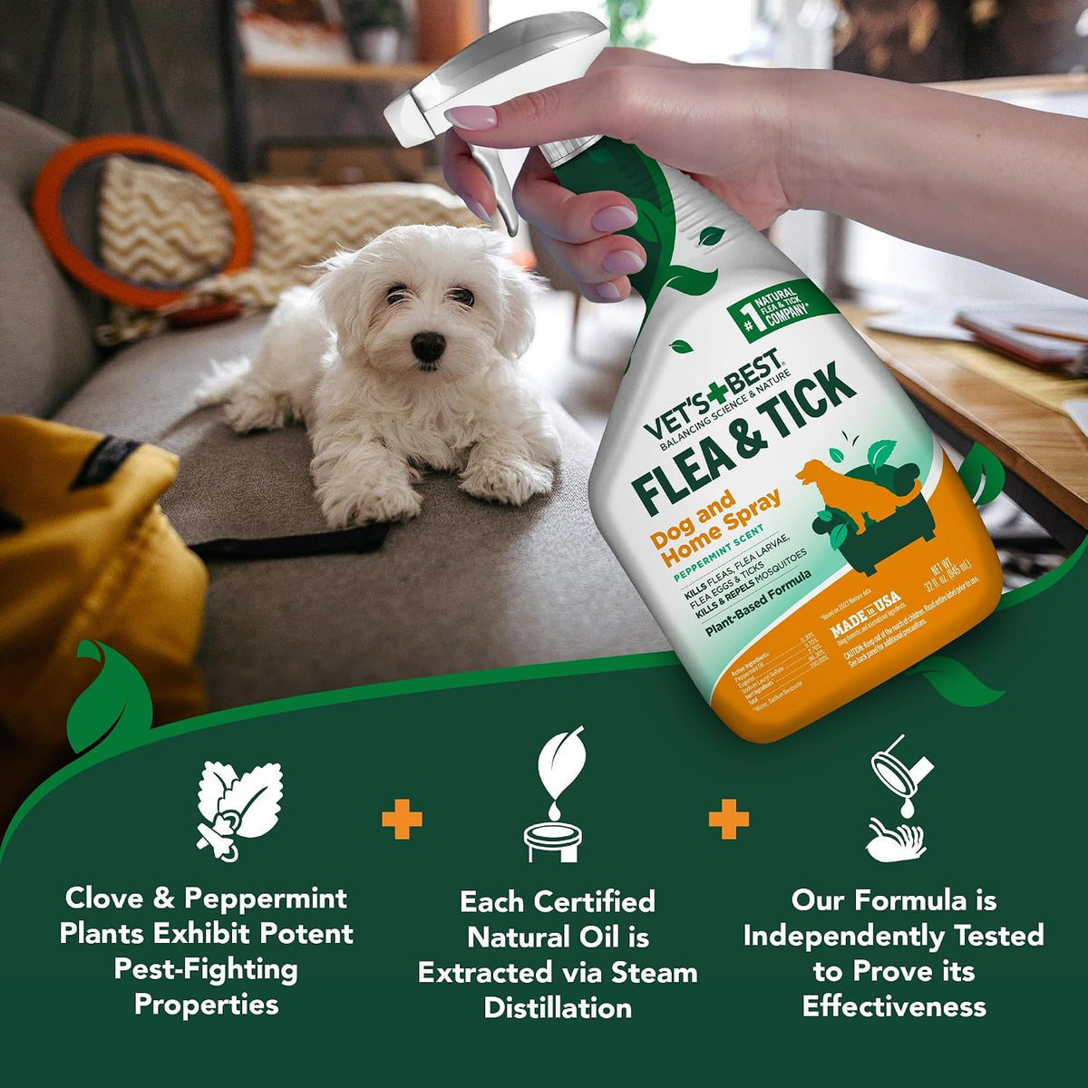 Indoor Flea & Tick Home Spray for Dogs, Plant-Based Spray, 32 oz