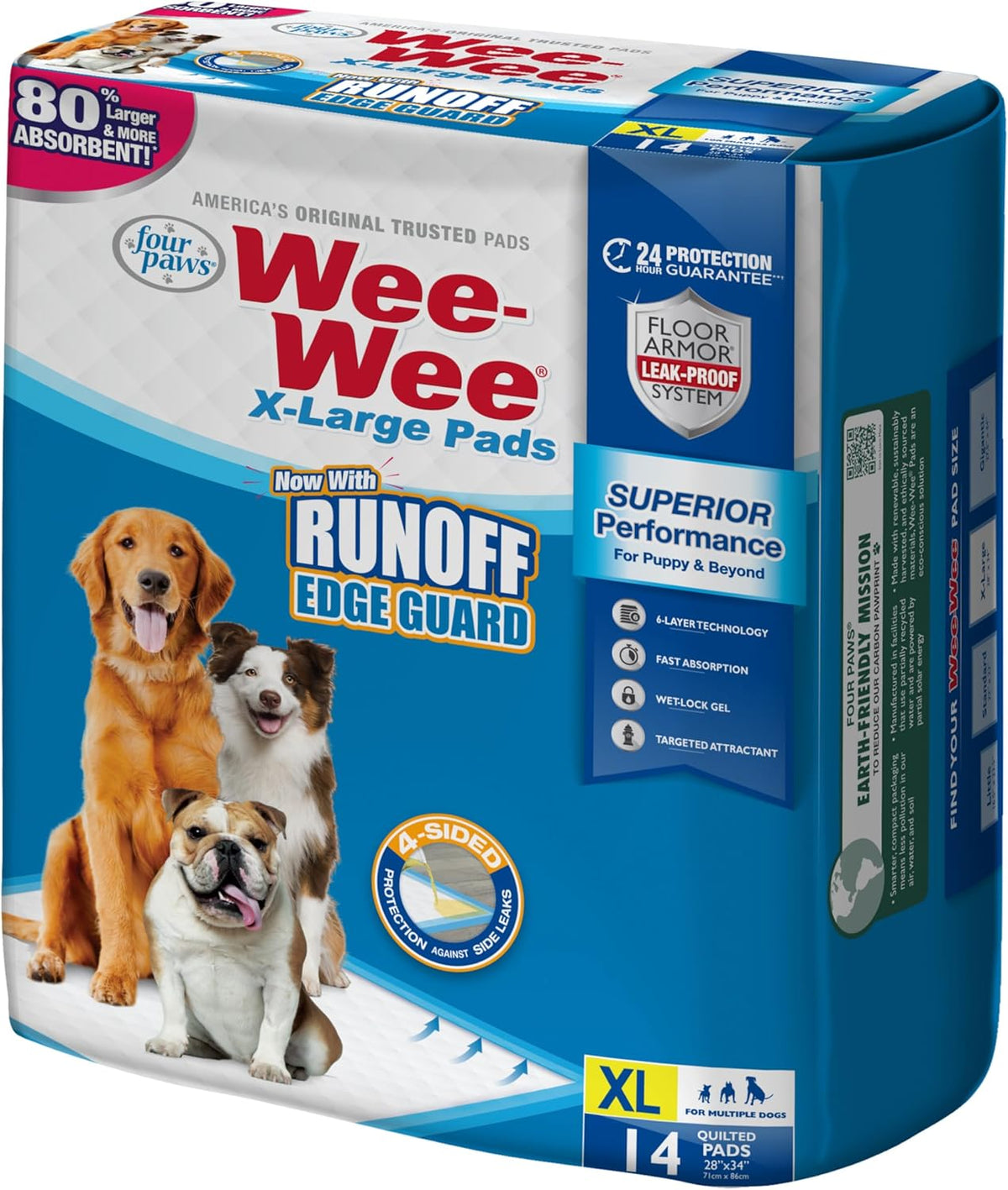 Wee-Wee Superior Performance Extra Large Pee Pads for Dogs with Runoff Barrier Edge Guard Protection, Puppy & Dog Potty Training Pads, Housebreaking Supplies, 28" x 34"