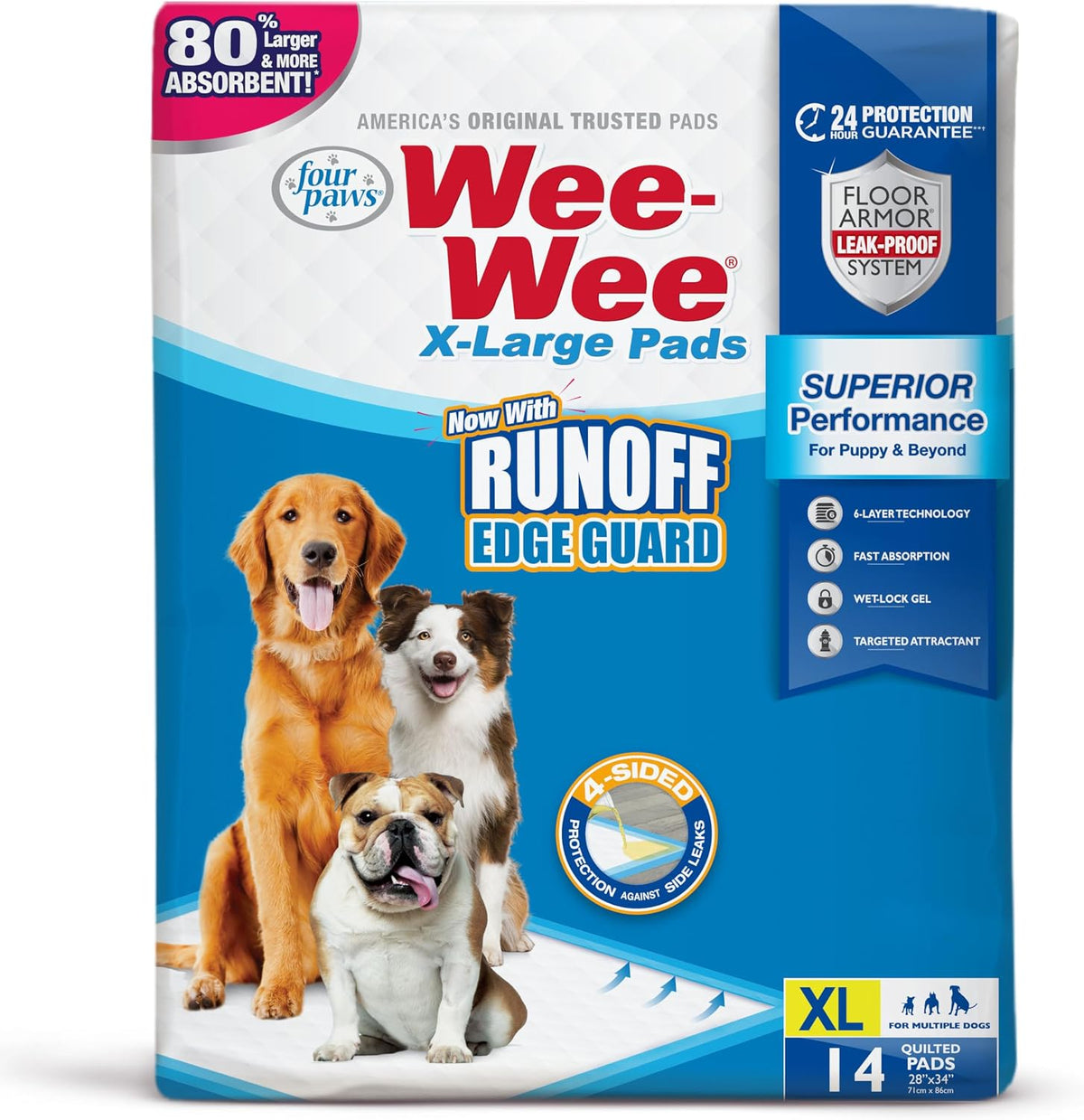 Wee-Wee Superior Performance Extra Large Pee Pads for Dogs with Runoff Barrier Edge Guard Protection, Puppy & Dog Potty Training Pads, Housebreaking Supplies, 28" x 34"