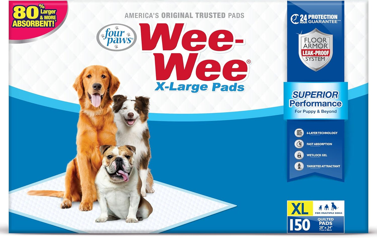 Wee-Wee Superior Performance Extra Large Pee Pads for Dogs with Runoff Barrier Edge Guard Protection, Puppy & Dog Potty Training Pads, Housebreaking Supplies, 28" x 34"