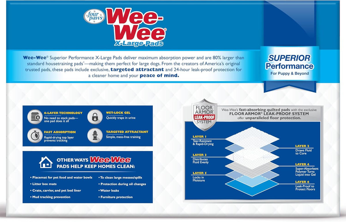 Wee-Wee Superior Performance Extra Large Pee Pads for Dogs with Runoff Barrier Edge Guard Protection, Puppy & Dog Potty Training Pads, Housebreaking Supplies, 28" x 34"