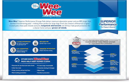 Wee-Wee Superior Performance Extra Large Pee Pads for Dogs with Runoff Barrier Edge Guard Protection, Puppy & Dog Potty Training Pads, Housebreaking Supplies, 28" x 34"