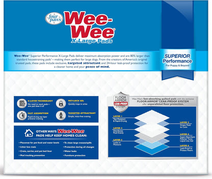 Wee-Wee Superior Performance Extra Large Pee Pads for Dogs with Runoff Barrier Edge Guard Protection, Puppy & Dog Potty Training Pads, Housebreaking Supplies, 28" x 34"