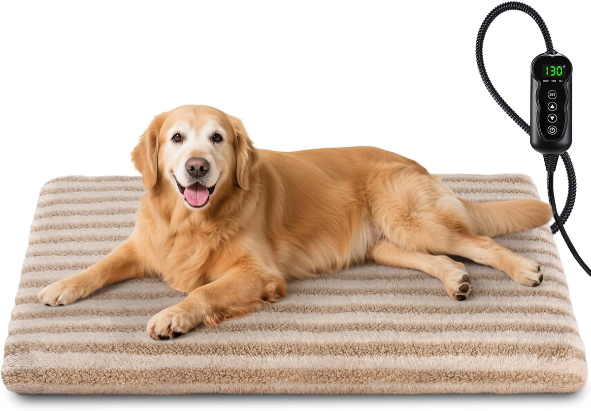 Pet Heating Pad, Waterproof Heated Dog Cat Bed with 11 Adjustable Temperatures & 24H Timer, Auto Shut-Off, Chew-Resistant Cord, Washable Cover, Indoor Electric Heating Mat, Beige, M(28" x 20")