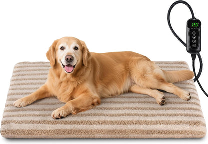 Pet Heating Pad, Waterproof Heated Dog Cat Bed with 11 Adjustable Temperatures & 24H Timer, Auto Shut-Off, Chew-Resistant Cord, Washable Cover, Indoor Electric Heating Mat, Beige, M(28" x 20")