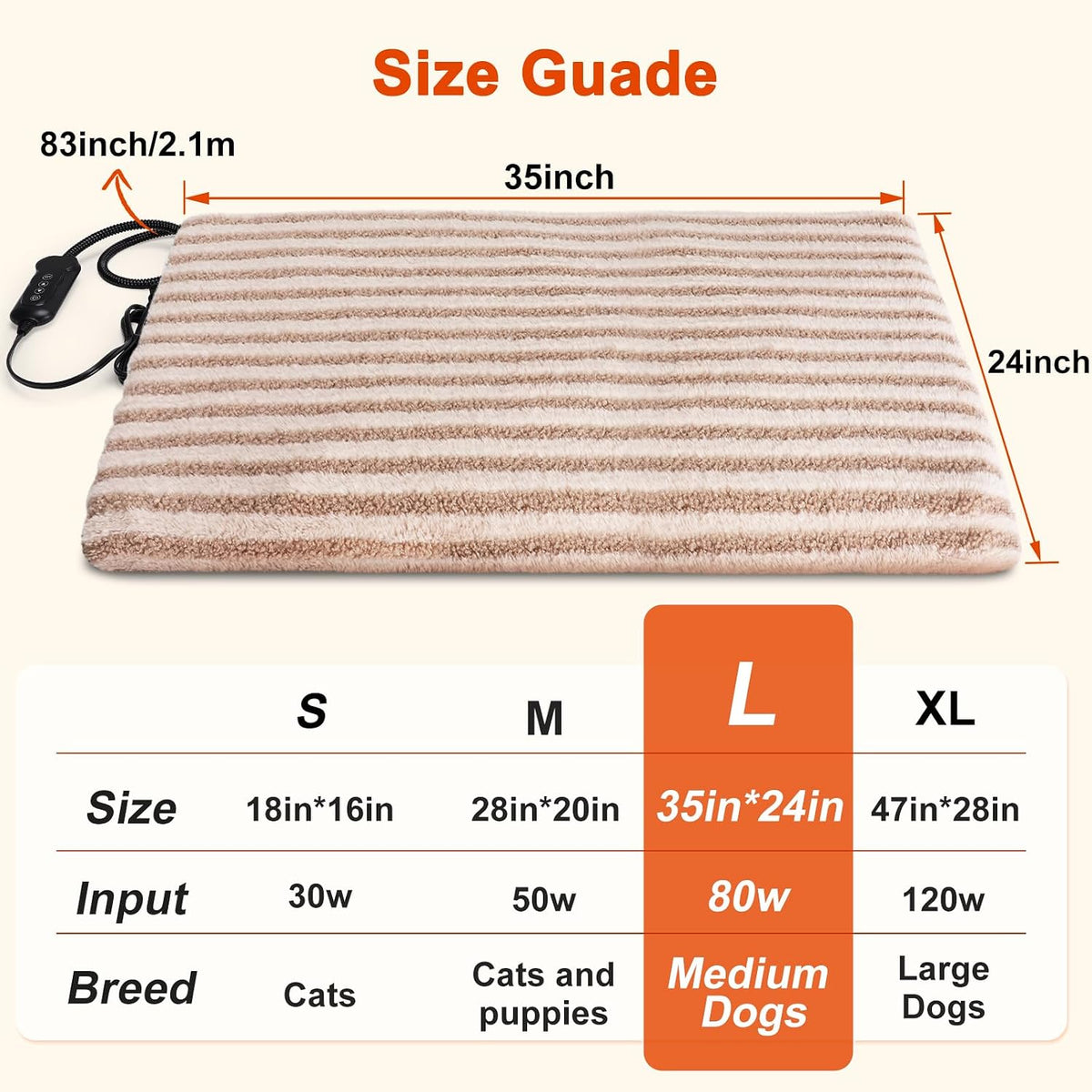 Pet Heating Pad, Waterproof Heated Dog Cat Bed with 11 Adjustable Temperatures & 24H Timer, Auto Shut-Off, Chew-Resistant Cord, Washable Cover, Indoor Electric Heating Mat, Beige, M(28" x 20")