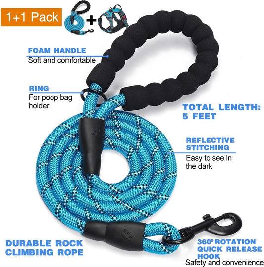 No Pull Dog Harness Adjustable Reflective Oxford Easy Control Medium Large Dog Harness with A Free Heavy Duty 5ft Dog Leash, Blue, L