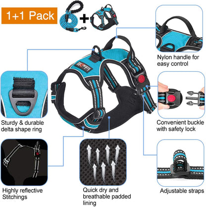 No Pull Dog Harness Adjustable Reflective Oxford Easy Control Medium Large Dog Harness with A Free Heavy Duty 5ft Dog Leash, Blue, L