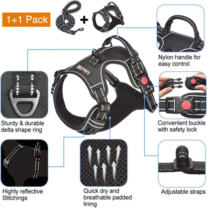 No Pull Dog Harness Adjustable Reflective Oxford Easy Control Medium Large Dog Harness with A Free Heavy Duty 5ft Dog Leash, Blue, L