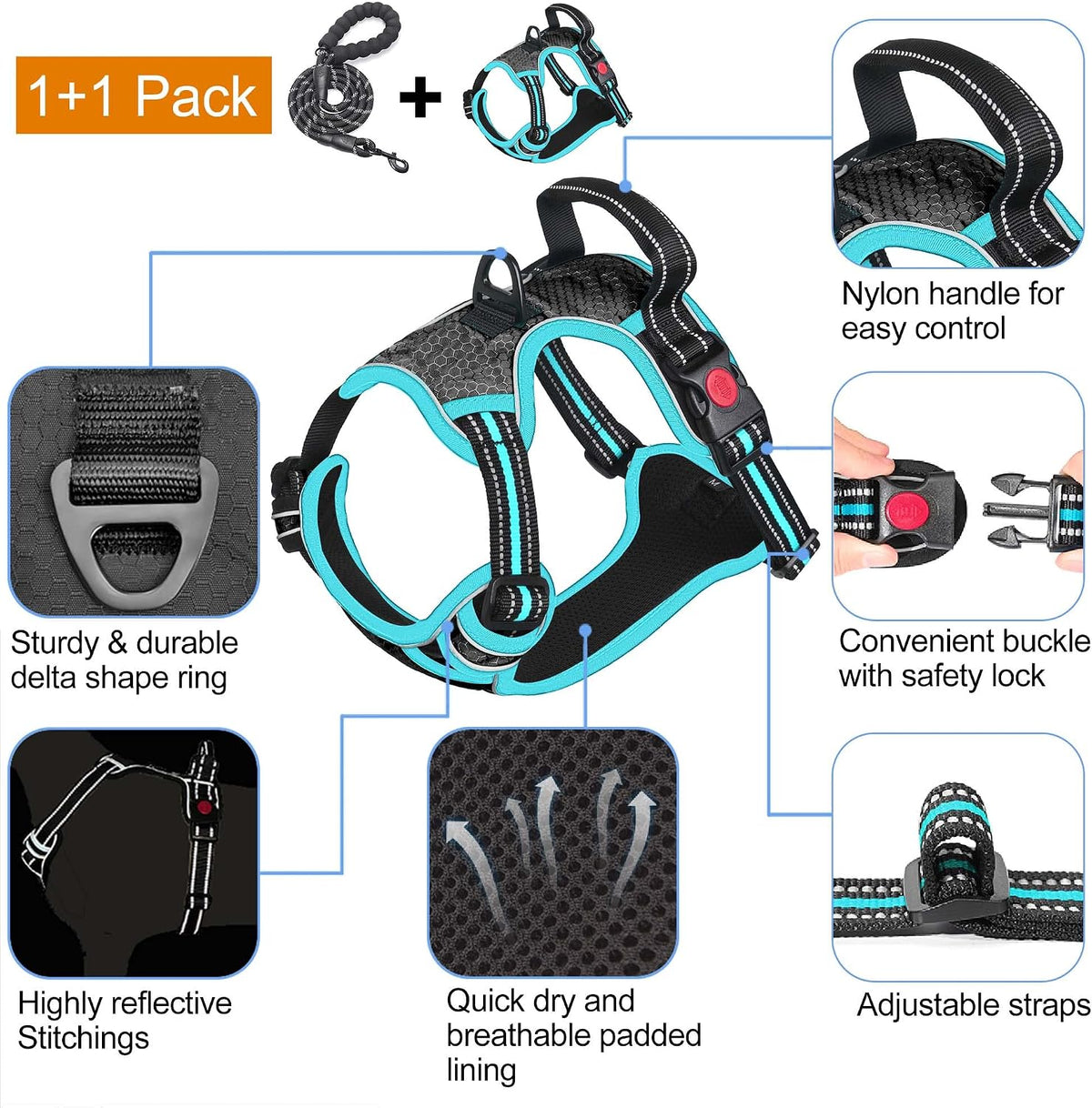 No Pull Dog Harness Adjustable Reflective Oxford Easy Control Medium Large Dog Harness with A Free Heavy Duty 5ft Dog Leash, Blue, L