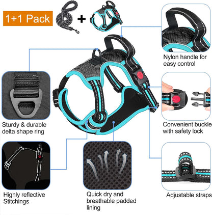 No Pull Dog Harness Adjustable Reflective Oxford Easy Control Medium Large Dog Harness with A Free Heavy Duty 5ft Dog Leash, Blue, L