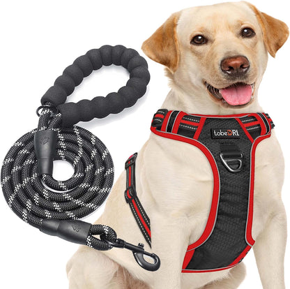 No Pull Dog Harness Adjustable Reflective Oxford Easy Control Medium Large Dog Harness with A Free Heavy Duty 5ft Dog Leash, Blue, L