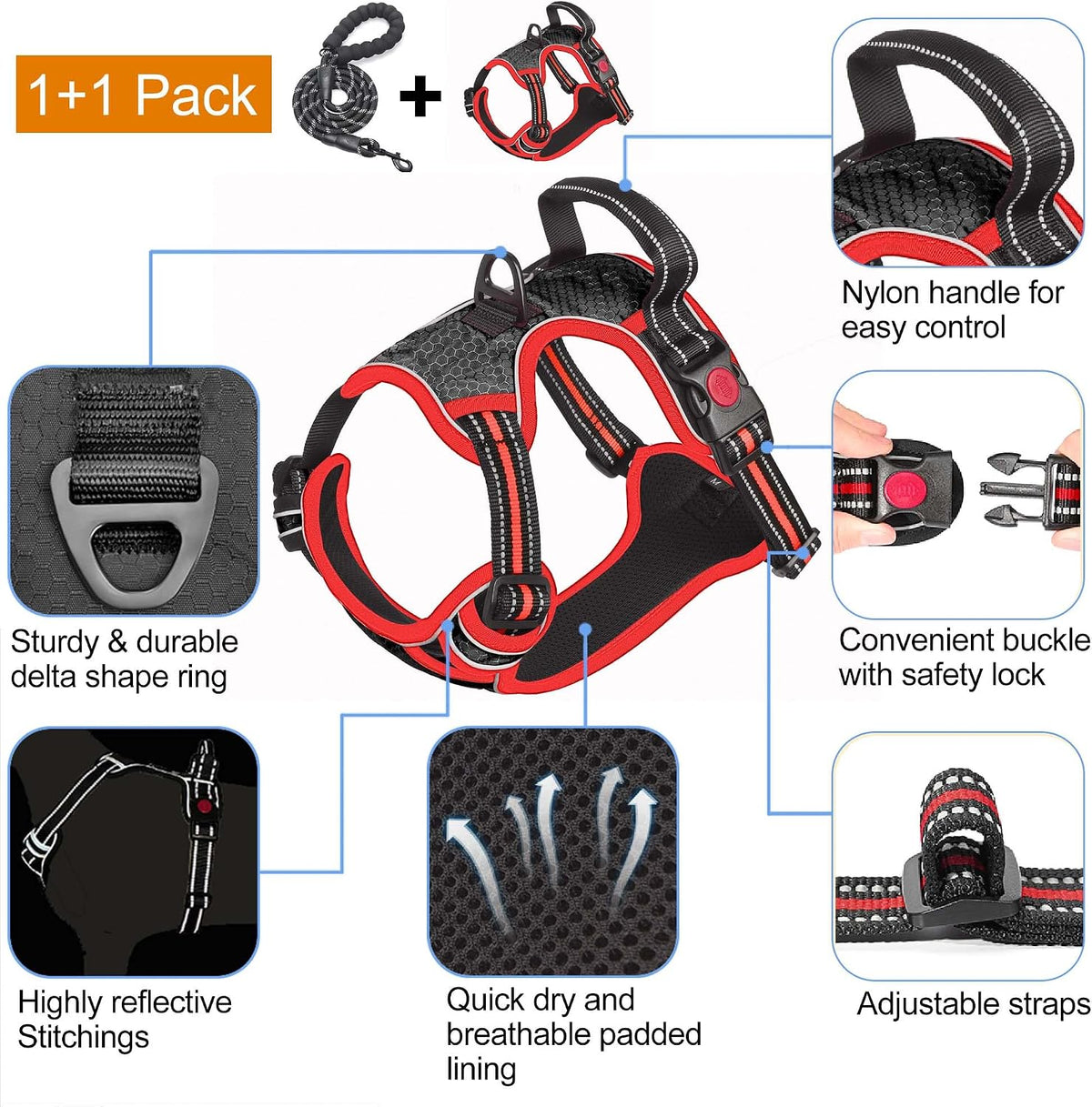 No Pull Dog Harness Adjustable Reflective Oxford Easy Control Medium Large Dog Harness with A Free Heavy Duty 5ft Dog Leash, Blue, L