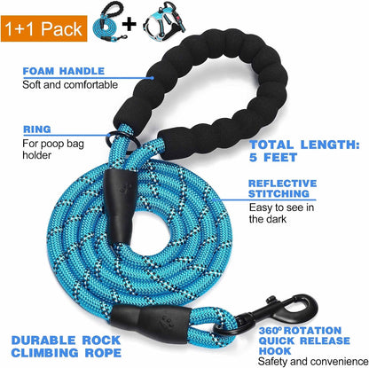 No Pull Dog Harness Adjustable Reflective Oxford Easy Control Medium Large Dog Harness with A Free Heavy Duty 5ft Dog Leash, Blue, L