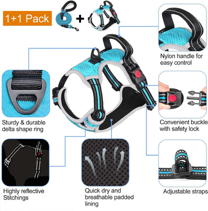 No Pull Dog Harness Adjustable Reflective Oxford Easy Control Medium Large Dog Harness with A Free Heavy Duty 5ft Dog Leash, Blue, L