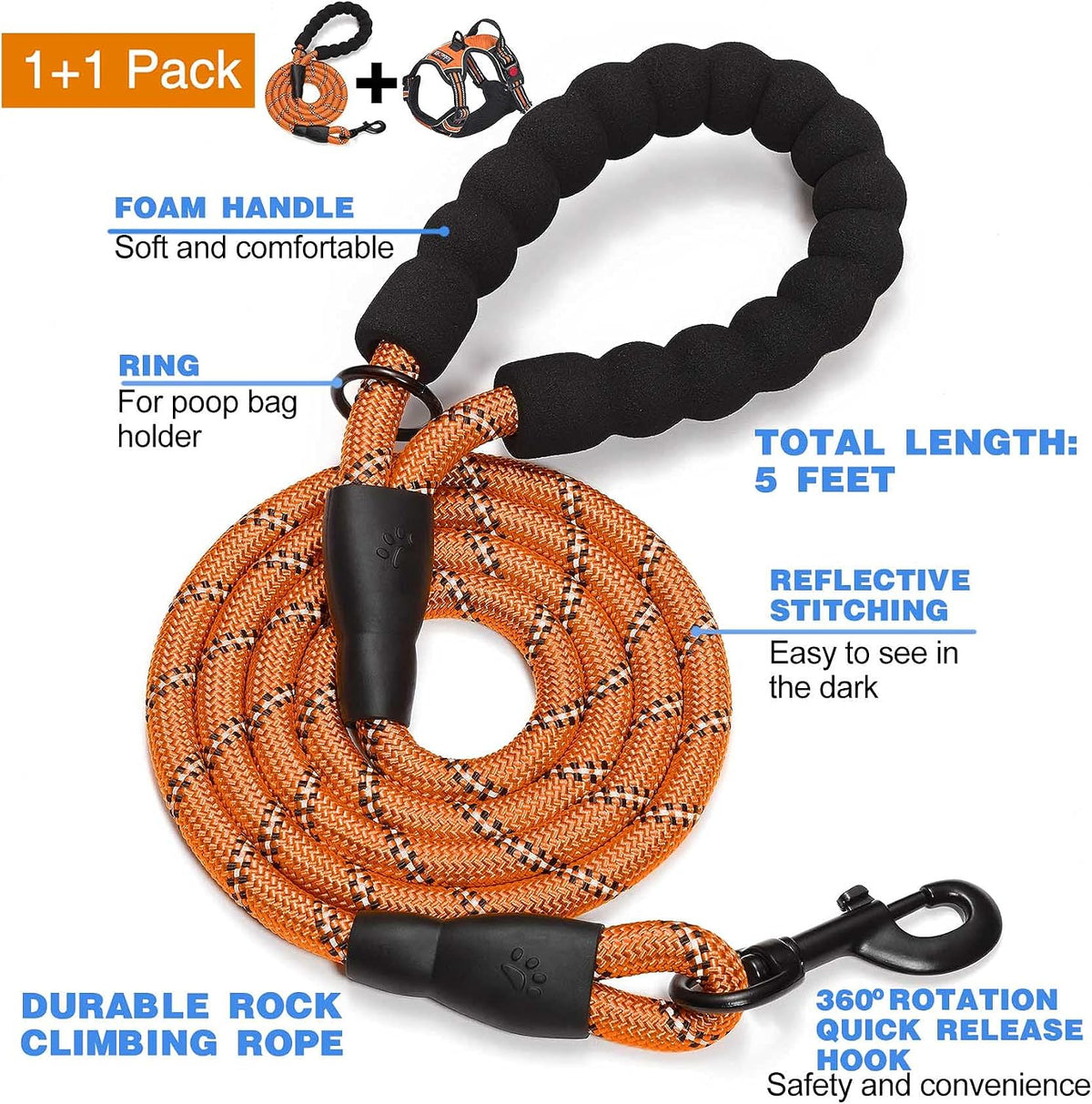 No Pull Dog Harness Adjustable Reflective Oxford Easy Control Medium Large Dog Harness with A Free Heavy Duty 5ft Dog Leash, Blue, L