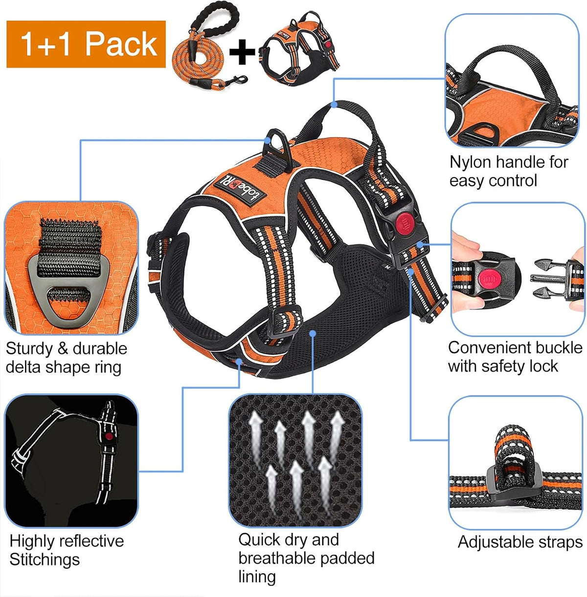 No Pull Dog Harness Adjustable Reflective Oxford Easy Control Medium Large Dog Harness with A Free Heavy Duty 5ft Dog Leash, Blue, L