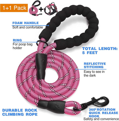 No Pull Dog Harness Adjustable Reflective Oxford Easy Control Medium Large Dog Harness with A Free Heavy Duty 5ft Dog Leash, Blue, L