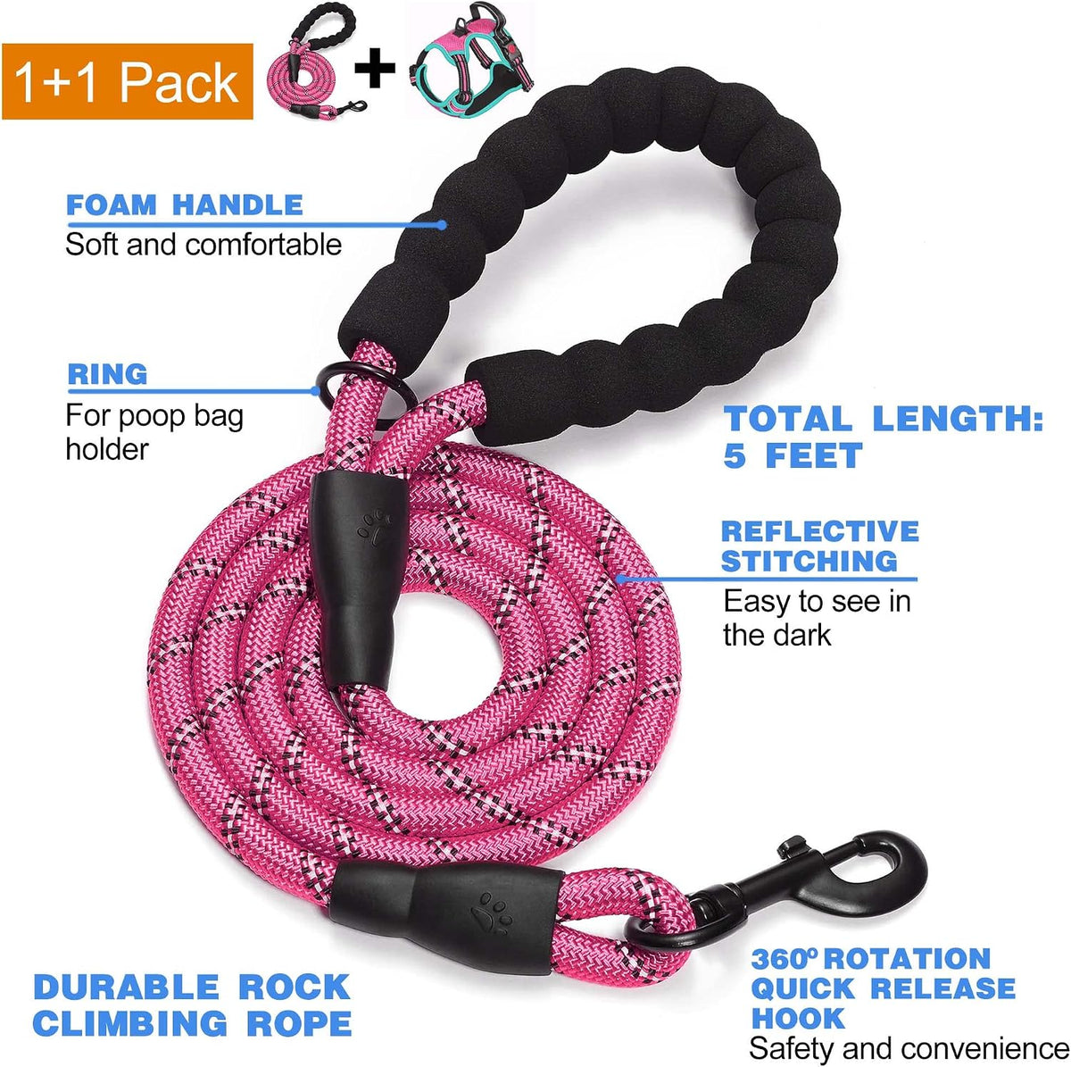 No Pull Dog Harness Adjustable Reflective Oxford Easy Control Medium Large Dog Harness with A Free Heavy Duty 5ft Dog Leash, Blue, L