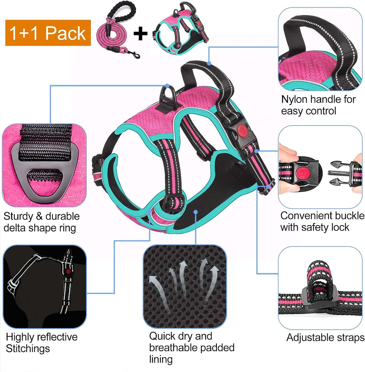 No Pull Dog Harness Adjustable Reflective Oxford Easy Control Medium Large Dog Harness with A Free Heavy Duty 5ft Dog Leash, Blue, L