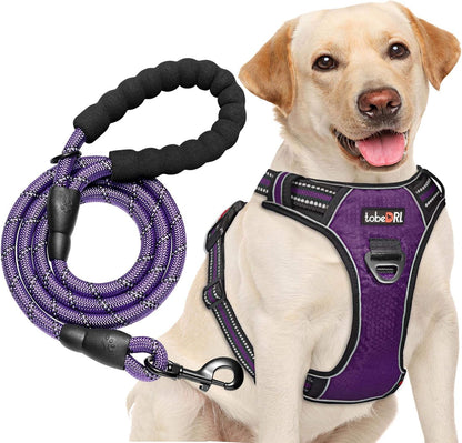 No Pull Dog Harness Adjustable Reflective Oxford Easy Control Medium Large Dog Harness with A Free Heavy Duty 5ft Dog Leash, Blue, L
