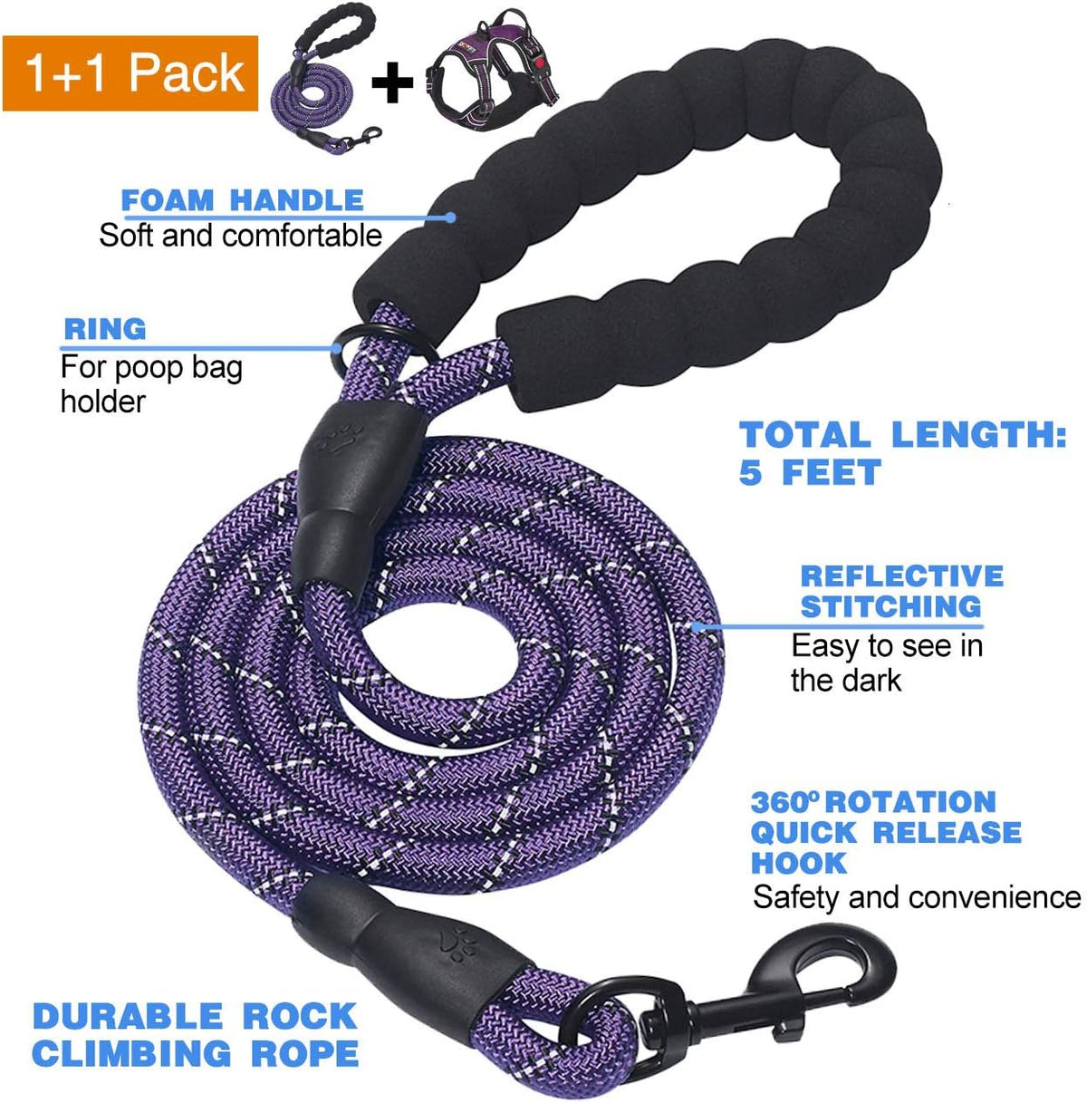 No Pull Dog Harness Adjustable Reflective Oxford Easy Control Medium Large Dog Harness with A Free Heavy Duty 5ft Dog Leash, Blue, L