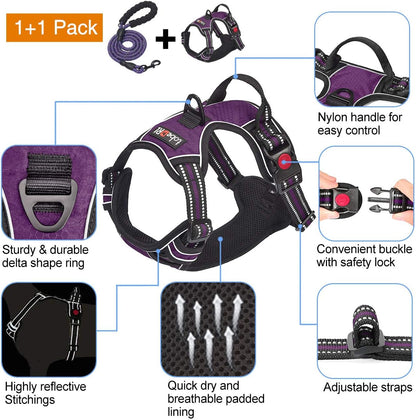 No Pull Dog Harness Adjustable Reflective Oxford Easy Control Medium Large Dog Harness with A Free Heavy Duty 5ft Dog Leash, Blue, L
