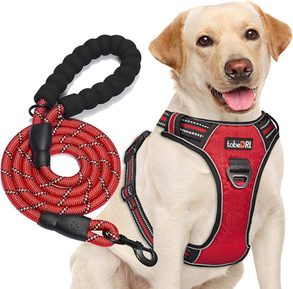 No Pull Dog Harness Adjustable Reflective Oxford Easy Control Medium Large Dog Harness with A Free Heavy Duty 5ft Dog Leash, Blue, L