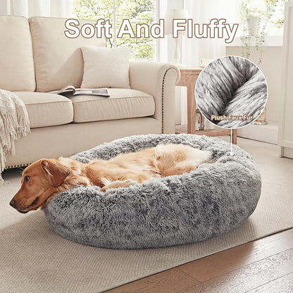 36 inches Faux Fur Fluffy Donut Dog Bed for Large Dogs,Dark Grey