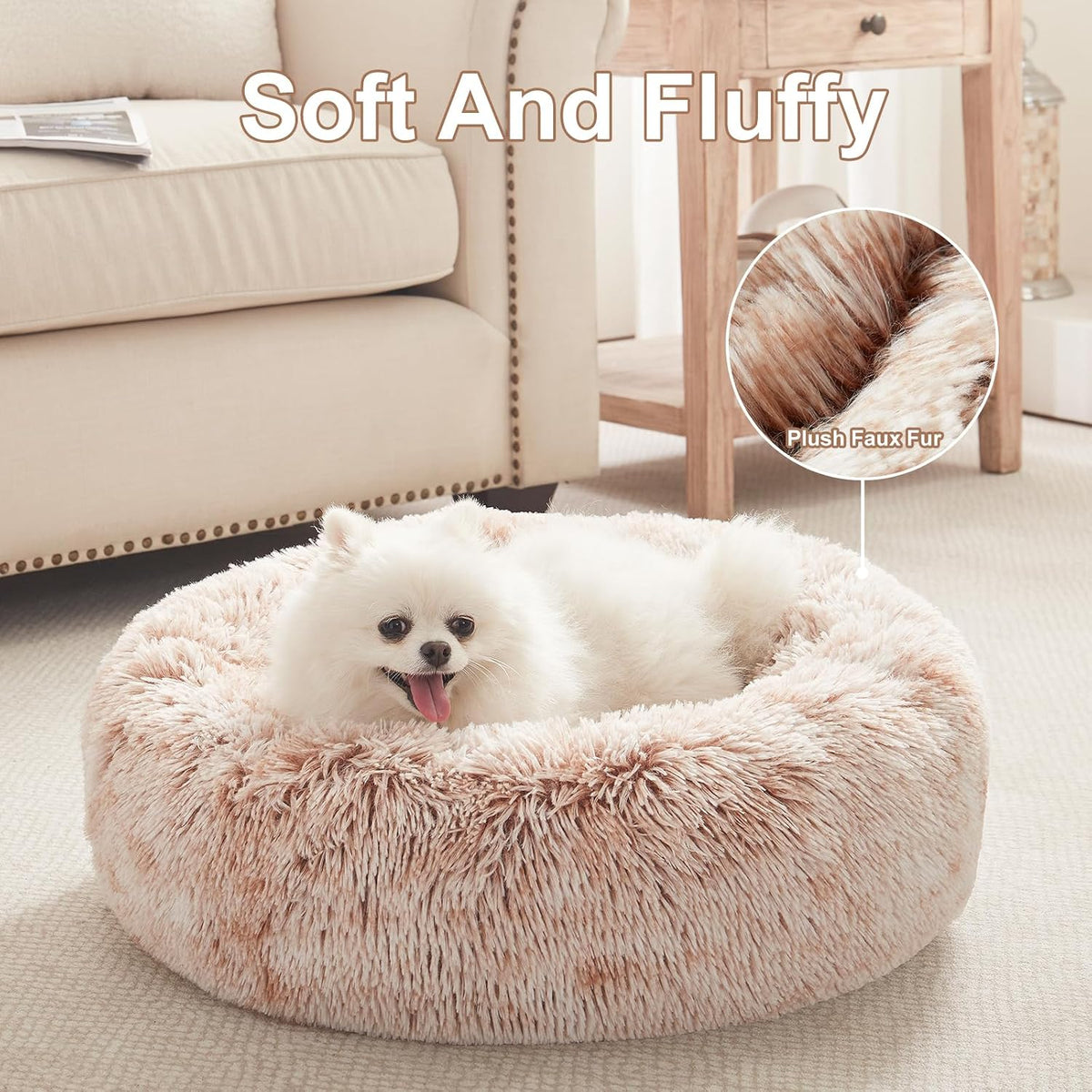 36 inches Faux Fur Fluffy Donut Dog Bed for Large Dogs,Dark Grey