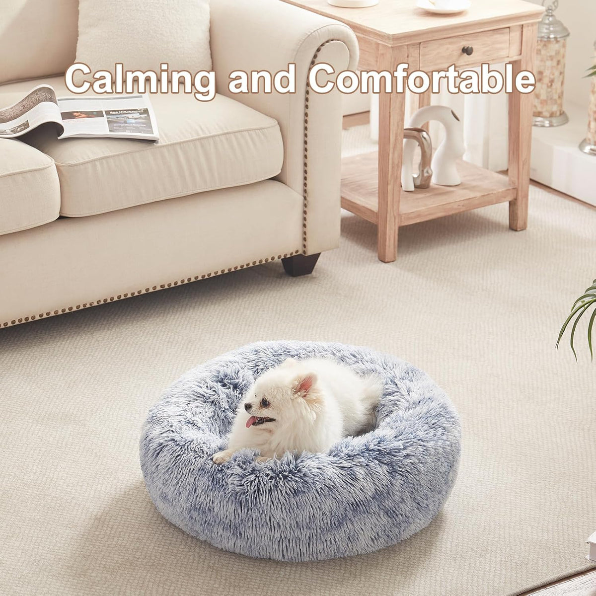 36 inches Faux Fur Fluffy Donut Dog Bed for Large Dogs,Dark Grey