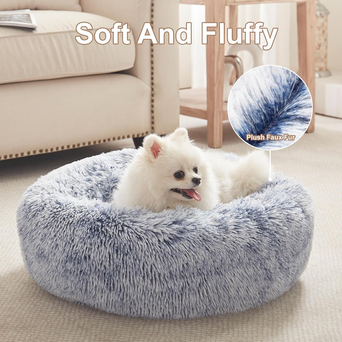 36 inches Faux Fur Fluffy Donut Dog Bed for Large Dogs,Dark Grey