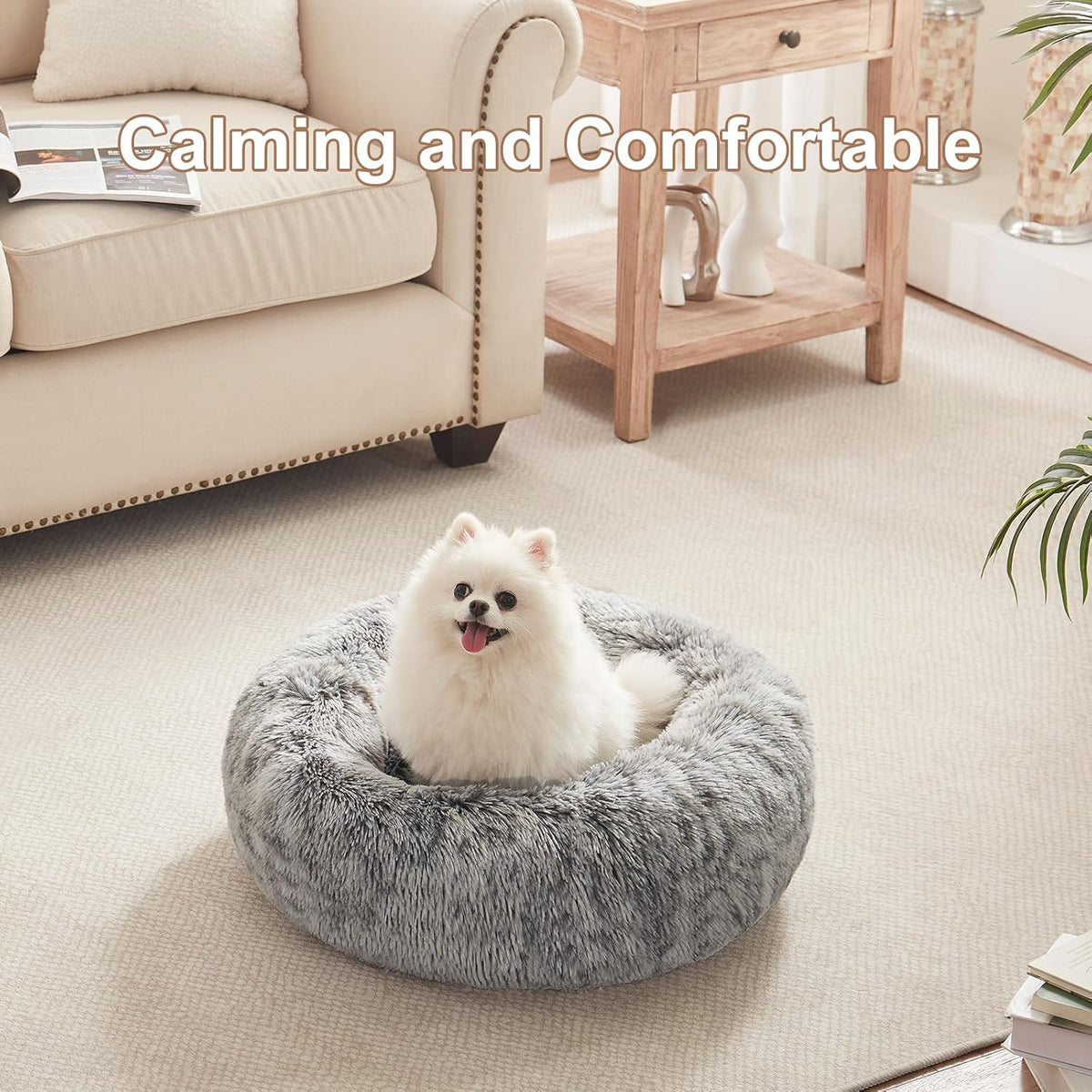 36 inches Faux Fur Fluffy Donut Dog Bed for Large Dogs,Dark Grey