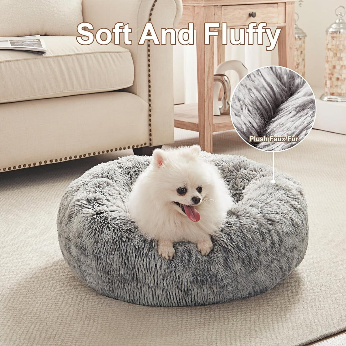 36 inches Faux Fur Fluffy Donut Dog Bed for Large Dogs,Dark Grey