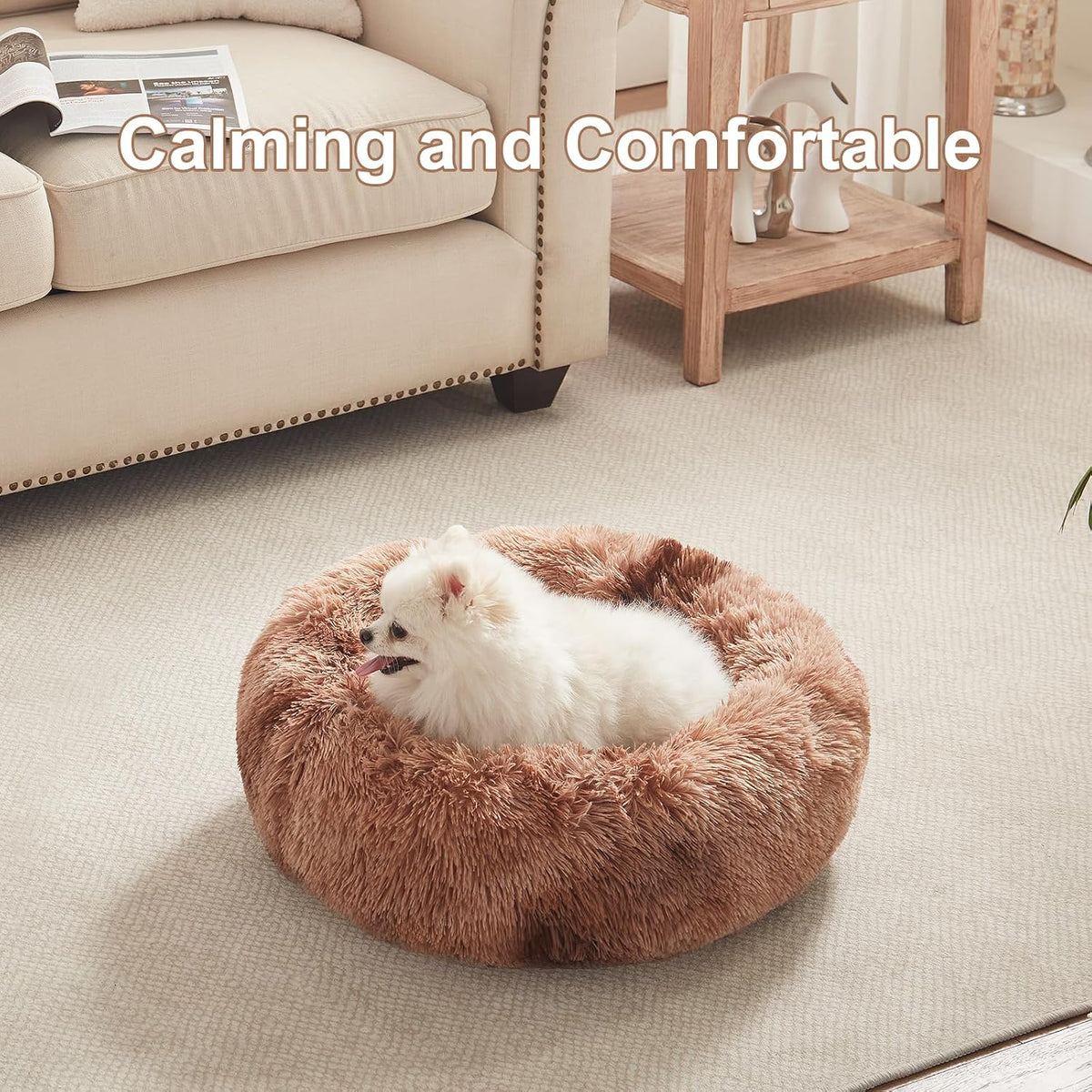 36 inches Faux Fur Fluffy Donut Dog Bed for Large Dogs,Dark Grey