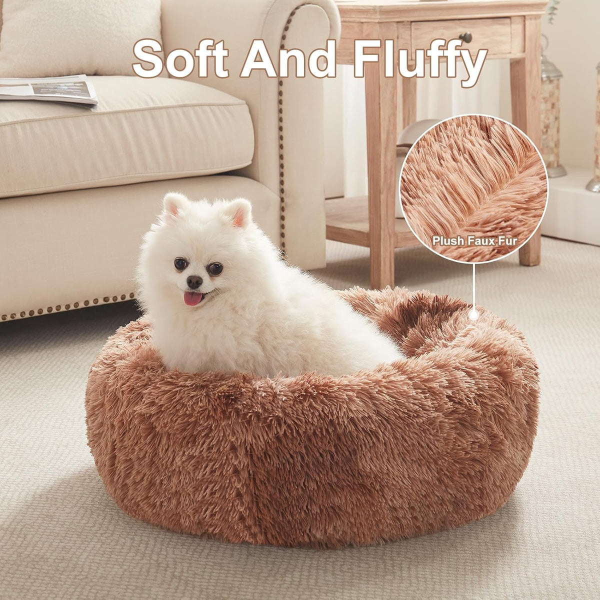 36 inches Faux Fur Fluffy Donut Dog Bed for Large Dogs,Dark Grey