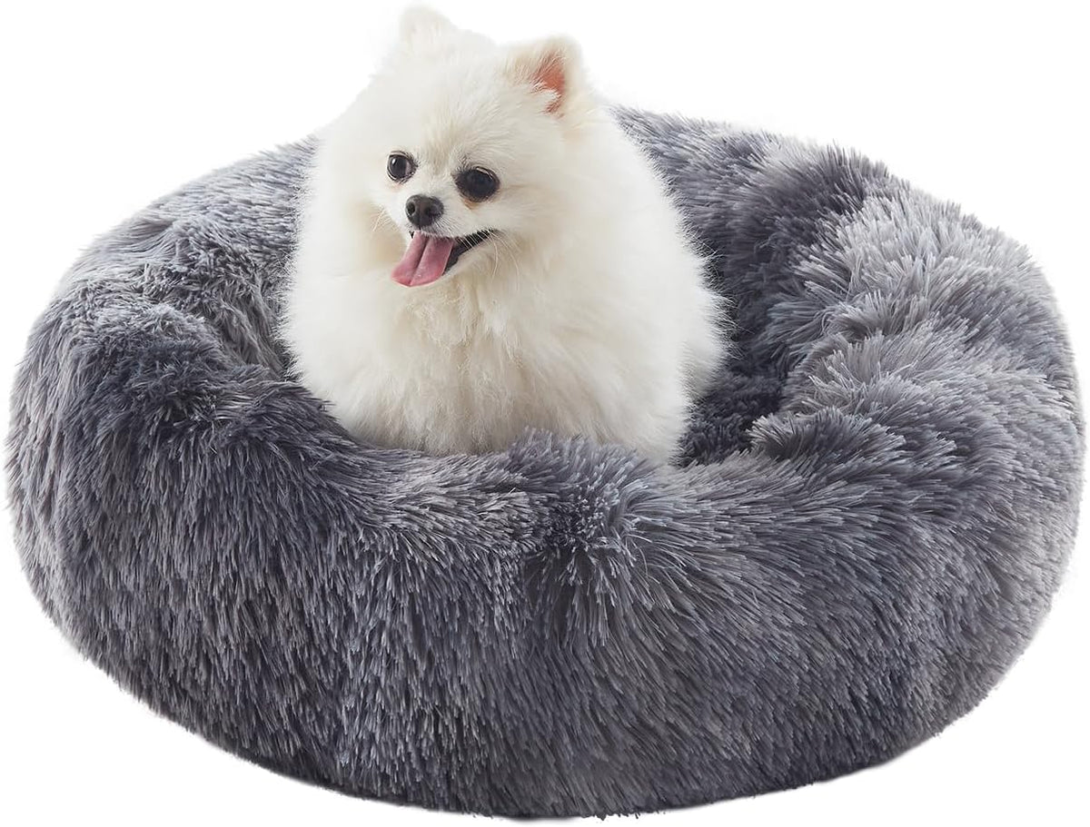 36 inches Faux Fur Fluffy Donut Dog Bed for Large Dogs,Dark Grey
