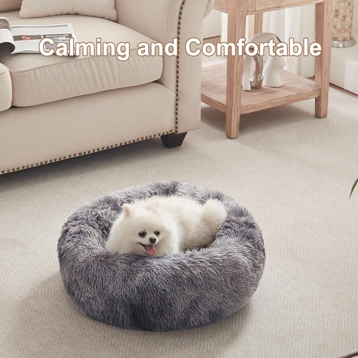 36 inches Faux Fur Fluffy Donut Dog Bed for Large Dogs,Dark Grey