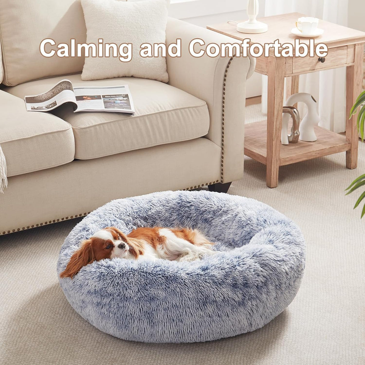 36 inches Faux Fur Fluffy Donut Dog Bed for Large Dogs,Dark Grey