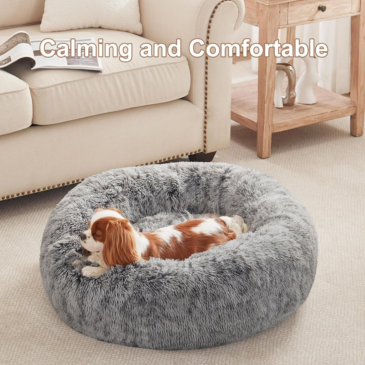 36 inches Faux Fur Fluffy Donut Dog Bed for Large Dogs,Dark Grey