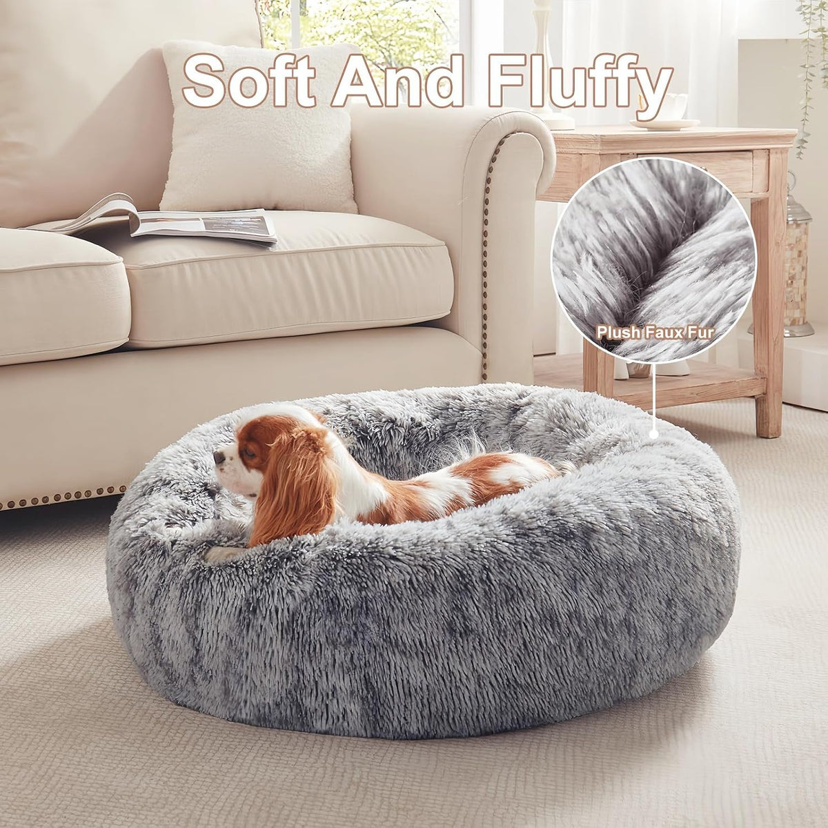 36 inches Faux Fur Fluffy Donut Dog Bed for Large Dogs,Dark Grey